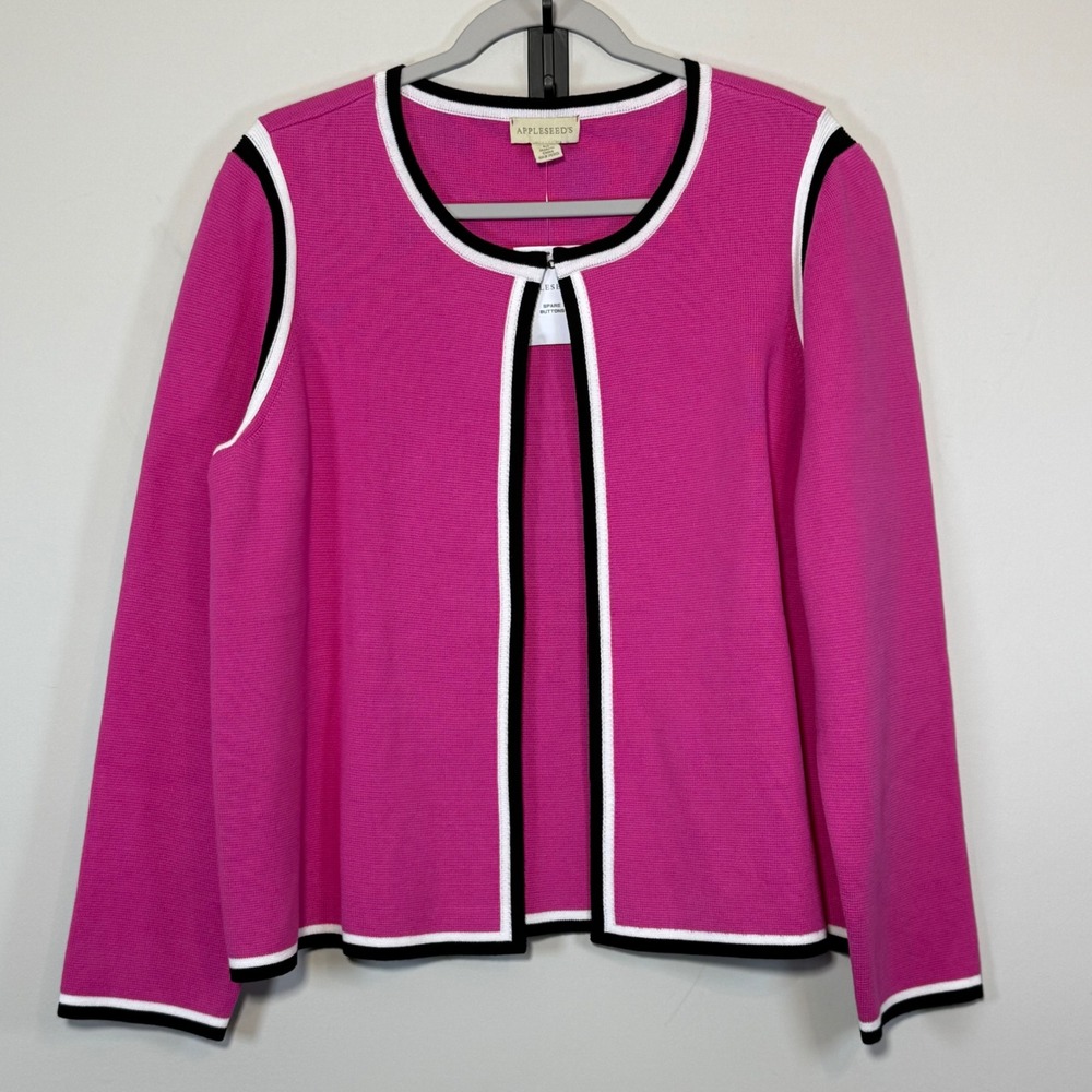 NWT Appleseeds Cardigan Womens Medium Pink Contrast Trim Knit Cotton Barbiecore